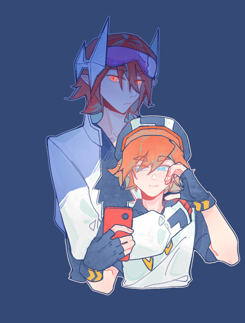 2boys aotu_world black_gloves black_hat black_shirt blue_background blue_eyes cellphone chinese_commentary cup fingerless_gloves gloves glowing glowing_eyes goggles goggles_on_head hair_between_eyes half-heart_hands hat headgear headphones height_difference highres holding holding_phone hood hoodie hug hug_from_behind jacket king_(aotu_world) looking_at_phone looking_at_viewer male_focus multiple_boys orange_hair phone pius_(aotu_world) pointy_ears red_eyes red_hair shade shaded_face shirt short_hair simple_background smartphone smile upper_body white_gloves white_hoodie white_jacket yaoi yu166294