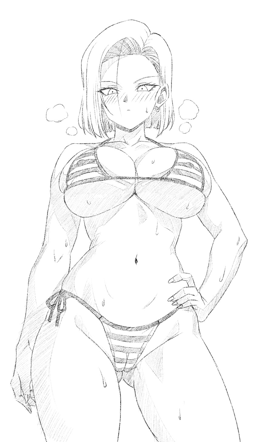 1girl absurdres android_18 bikini breasts dragon_ball dragonball_z highres large_breasts solo sweat swimsuit