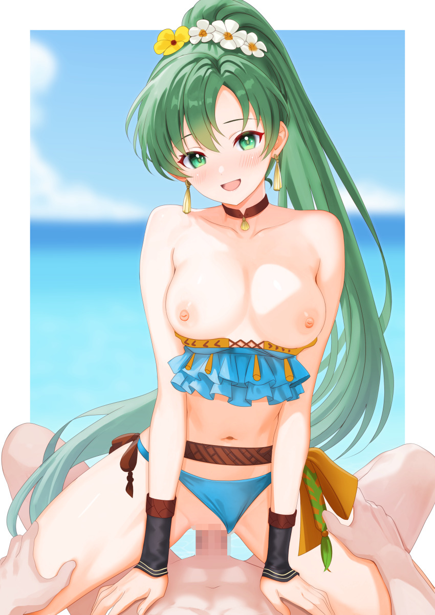 1boy 1girl :d absurdres bare_arms bare_shoulders bikini blue_bikini blue_sky border breasts breasts_out censored cloud collarbone commission cowgirl_position day earrings fire_emblem fire_emblem:_the_blazing_blade fire_emblem_heroes flower girl_on_top got0_naisho green_eyes green_hair hair_flower hair_ornament hetero highres jewelry large_breasts long_hair lyn_(fire_emblem) lyn_(lady_of_the_beach)_(fire_emblem) mosaic_censoring navel nintendo nipples nude ocean official_alternate_costume open_mouth outdoors outside_border penis ponytail pov sex skeb_commission sky smile solo_focus stomach straddling swimsuit thighs tongue very_long_hair white_border