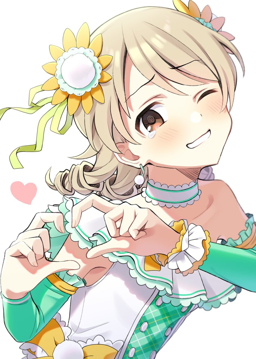 1girl four-finger_heart_hands @_@ blush bow breasts brown_eyes budoumfmf choker clenched_teeth collarbone detached_sleeves dress_bow drill_hair earrings flower frilled_shirt frills from_side green_shirt green_sleeves hair_bow hair_flower hair_ornament hair_ribbon hands_up heart heart_hands highres idolmaster idolmaster_cinderella_girls idolmaster_cinderella_girls_starlight_stage jewelry light_brown_hair long_hair long_sleeves looking_at_viewer morikubo_nono one_eye_closed ribbon ringlets scrunchie shirt simple_background single_bare_shoulder sleeveless sleeveless_shirt small_breasts solo tears teeth upper_body white_background white_choker white_scrunchie wrist_scrunchie yellow_bow yellow_flower yellow_ribbon