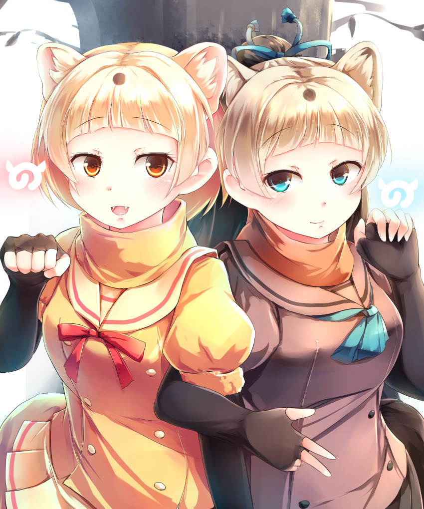 10s 2girls absurdres blonde_hair commentary_request elbow_gloves fangs fingerless_gloves gloves highres japanese_marten_(kemono_friends) kanzakietc kemono_friends light_brown_hair locked_arms marten_ears marten_tail multiple_girls neck_ribbon neckerchief open_mouth pleated_skirt puffy_short_sleeves puffy_sleeves ribbon sable_(kemono_friends) sable_ears sable_tail scarf short_hair short_sleeves skirt smile upper_body