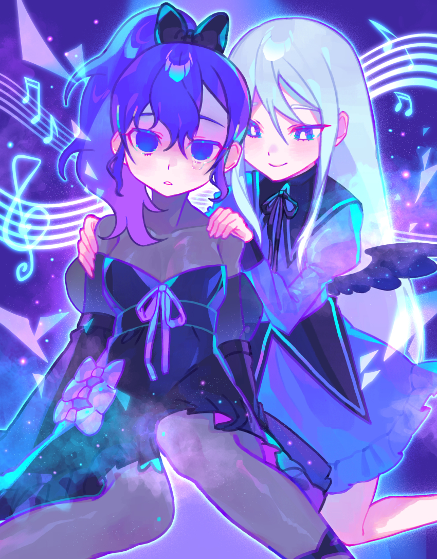 2girls absurdres asahina_mafuyu black_dress black_pantyhose black_ribbon blue_dress blue_eyes blue_hair bow bright_pupils closed_mouth commentary dress empty_eyes frilled_skirt frills gradient_hair grey_hair hands_on_another&#039;s_shoulders highres iro_(mywife_sunny) long_hair multicolored_hair multiple_girls neck_ribbon pantyhose project_sekai purple_bow purple_hair ribbon side_ponytail single_tear skirt smile tsurime two-tone_hair white_pupils yoisaki_kanade
