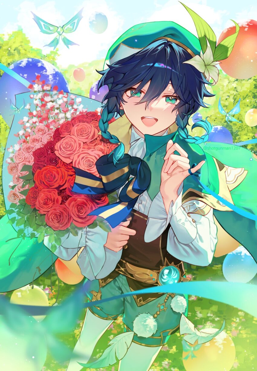 1boy aqua_hair backlighting blue_hair blush bouquet braid brown_vest crystalfly_(genshin_impact) falling_leaves feathers feet_out_of_frame field flower genshin_impact gradient_hair green_eyes green_hat green_shorts hand_up hat hat_flower highres holding holding_bouquet leaf long_sleeves looking_at_viewer male_focus multicolored_hair open_mouth outdoors pantyhose pantyhose_under_shorts red_flower red_rose rose shirt shorts shotgunman smile teeth twin_braids upper_teeth_only venti_(genshin_impact) vest vision_(genshin_impact) white_flower white_pantyhose white_shirt
