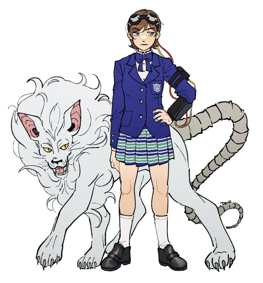 1girl black_footwear blazer blue_bow blue_jacket bone_tail bow brown_hair cable cerberus_(megami_tensei) claws colored_sclera comp_(megami_tensei) demon_(megami_tensei) demon_dog fangs goggles goggles_on_head hand_on_own_hip highres jacket johan_(deathamaranth) karukozaka_high_school_uniform looking_to_the_side multicolored_skirt pleated_skirt school_uniform sharp_teeth shin_megami_tensei shin_megami_tensei:_if... shirt short_hair simple_background skirt slit_pupils socks striped_clothes striped_skirt teeth uchida_tamaki white_background white_fur white_shirt white_socks yellow_sclera