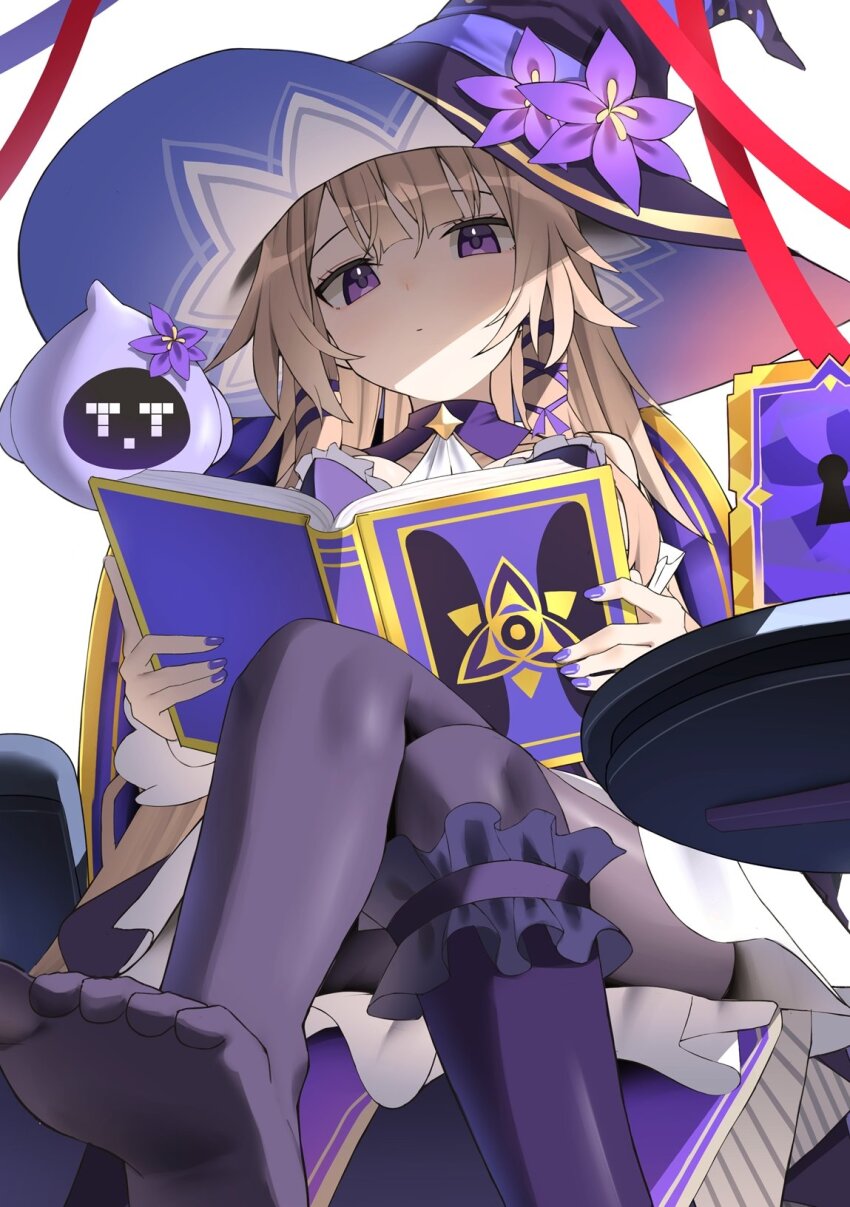 1girl book brown_hair closed_mouth commentary_request crossed_legs hat herta_(honkai:_star_rail) the_herta_(honkai:_star_rail) highres holding holding_book honkai:_star_rail honkai_(series) long_hair nidaime_(doronbo) no_shoes open_book pantyhose purple_eyes purple_nails purple_pantyhose simple_background solo t_t toes white_background witch_hat