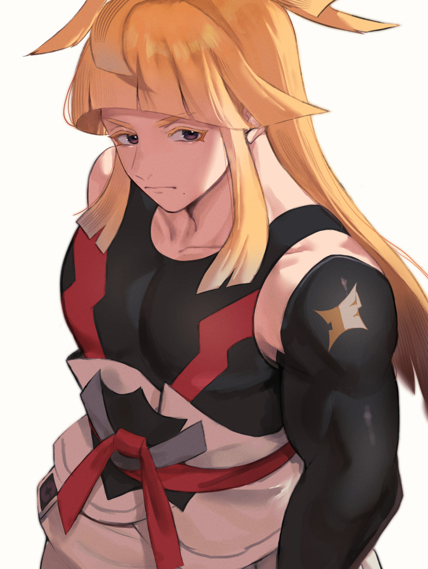 1boy absurdres arched_bangs belt black_bodysuit blonde_hair bodysuit closed_mouth collarbone grey_eyes highres ivor_(pokemon) konbu_(korehakonbu) logo long_hair looking_to_the_side male_focus nintendo pants pectorals pokemon pokemon_legends:_z-a simple_background solo white_background