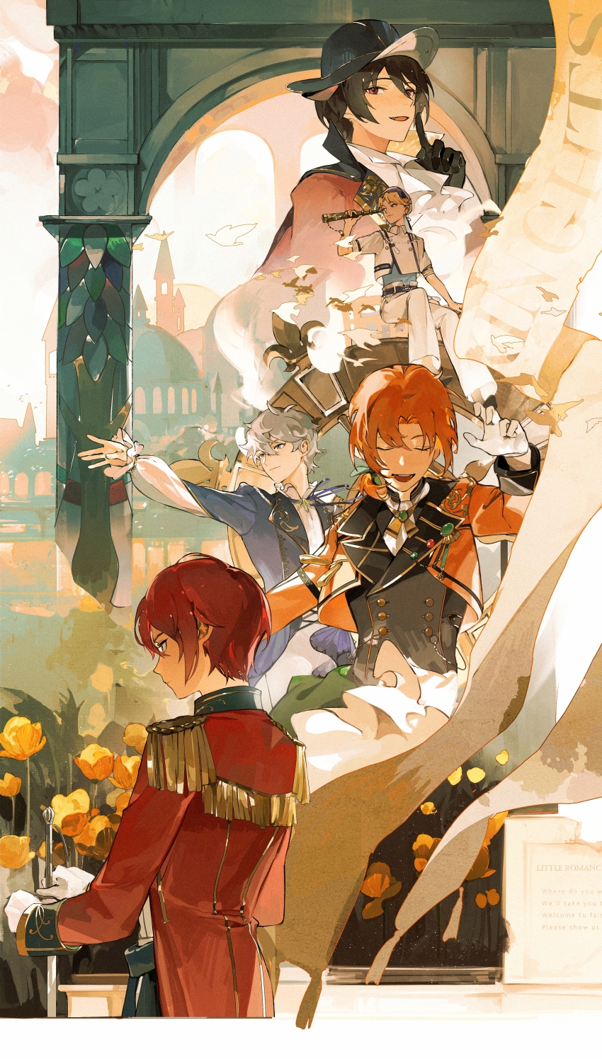 5boys absurdres animal_ears architecture back black_gloves black_hair black_jacket blonde_hair blue_eyes blue_jacket cat_boy cat_ears closed_eyes cropped_jacket ensemble_stars! epaulettes flower_bush gloves grey_hair hair_between_eyes hat highres holding holding_telescope jacket knights_(ensemble_stars!) long_sleeves male_focus meowsketeers_(ensemble_stars!) multiple_boys multiple_views narukami_arashi orange_hair orange_jacket pants purple_eyes red_eyes red_hair red_jacket sakuma_ritsu sena_izumi_(ensemble_stars!) shirt short_hair shule_de_yu silent_oath_(ensemble_stars!) suou_tsukasa telescope tsukinaga_leo white_gloves white_jacket