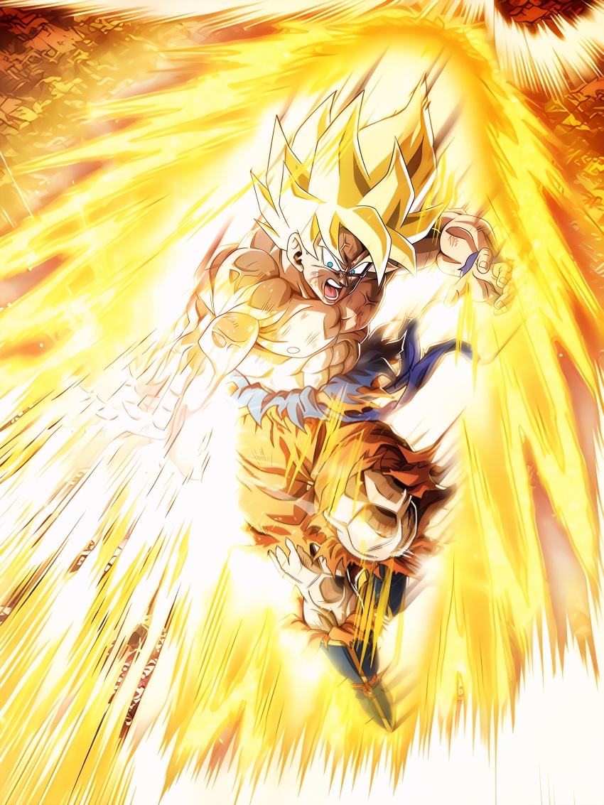 1boy absurdres angry aura blonde_hair dokkan_battle dragon_ball green_eyes highres ki_blast muscular muscular_male official_art scratches solo son_goku super_saiyan torn_clothes veins