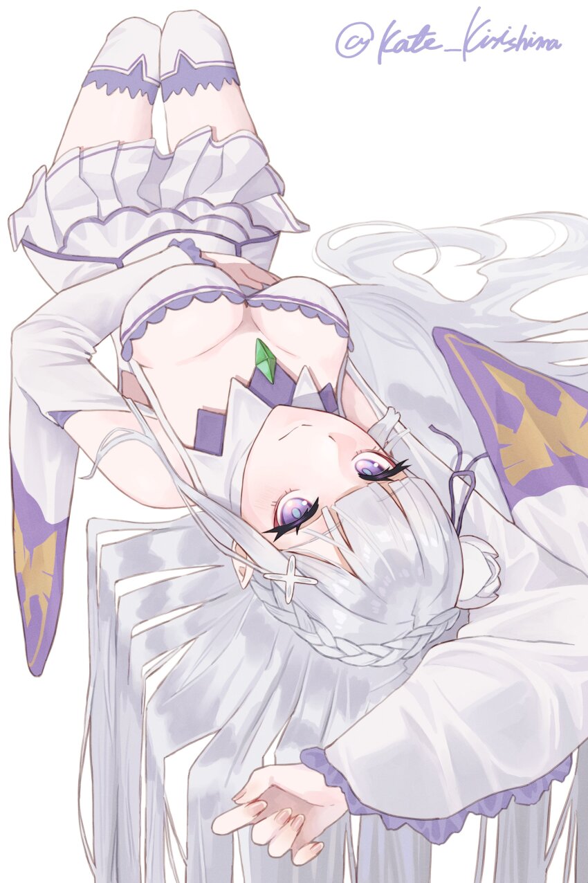 1girl absurdres blue_pupils braid breasts crown_braid detached_sleeves emilia_(re:zero) fingernails flower gem green_gemstone hair_flower hair_ornament hair_ribbon hand_on_own_stomach highres kirishima_kate knees_up long_hair looking_at_viewer lying on_back pointy_ears purple_eyes purple_ribbon re:zero_kara_hajimeru_isekai_seikatsu ribbon smile solo twitter_username white_flower white_sleeves wide_sleeves x_hair_ornament