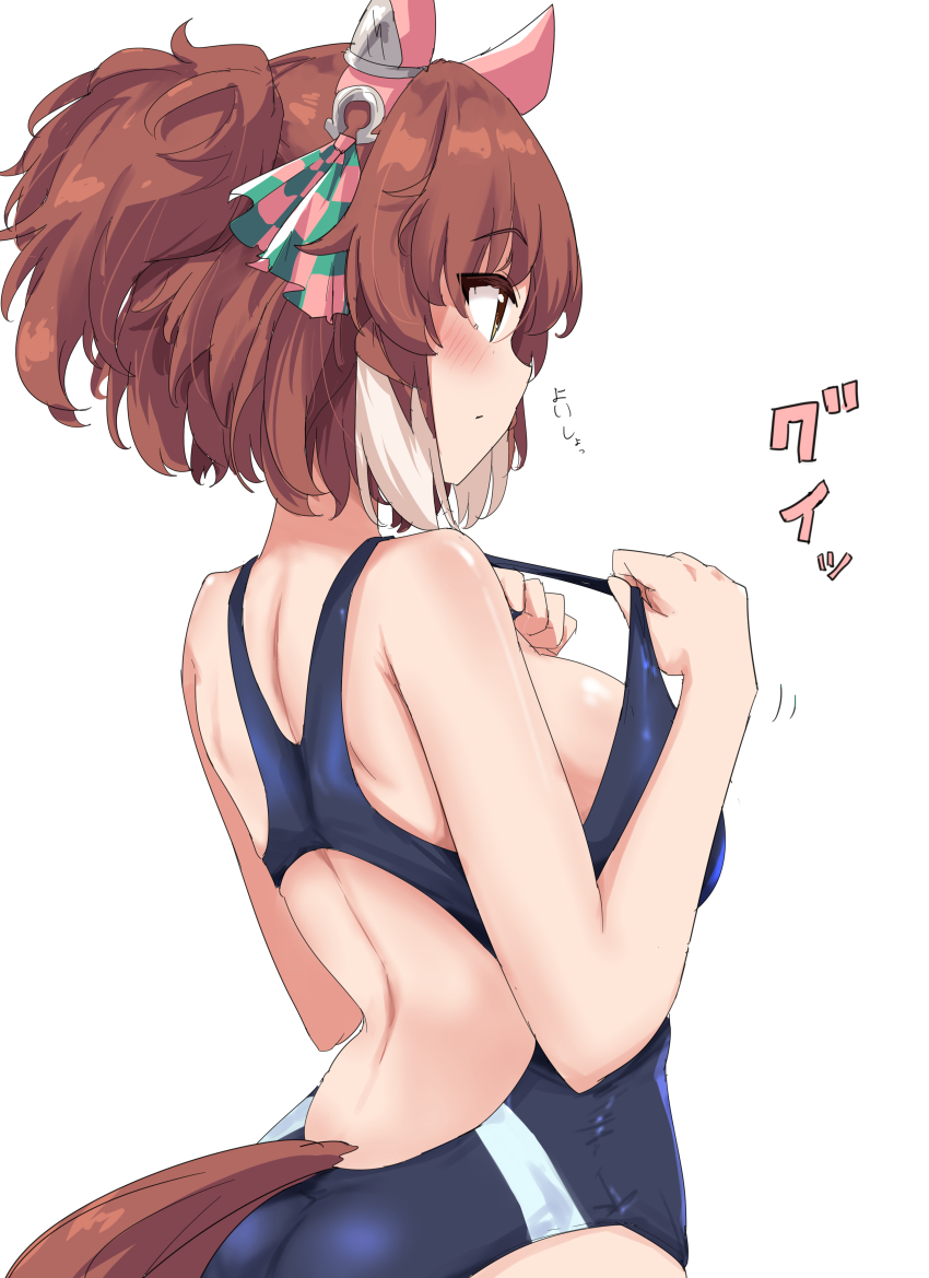 1girl absurdres animal_ears blue_one-piece_swimsuit breasts brown_hair competition_swimsuit dantsu_flame_(umamusume) from_behind gryebooks highres horse_ears horse_girl horse_tail large_breasts multicolored_hair one-piece_swimsuit solo swimsuit tail two-tone_hair umamusume white_hair