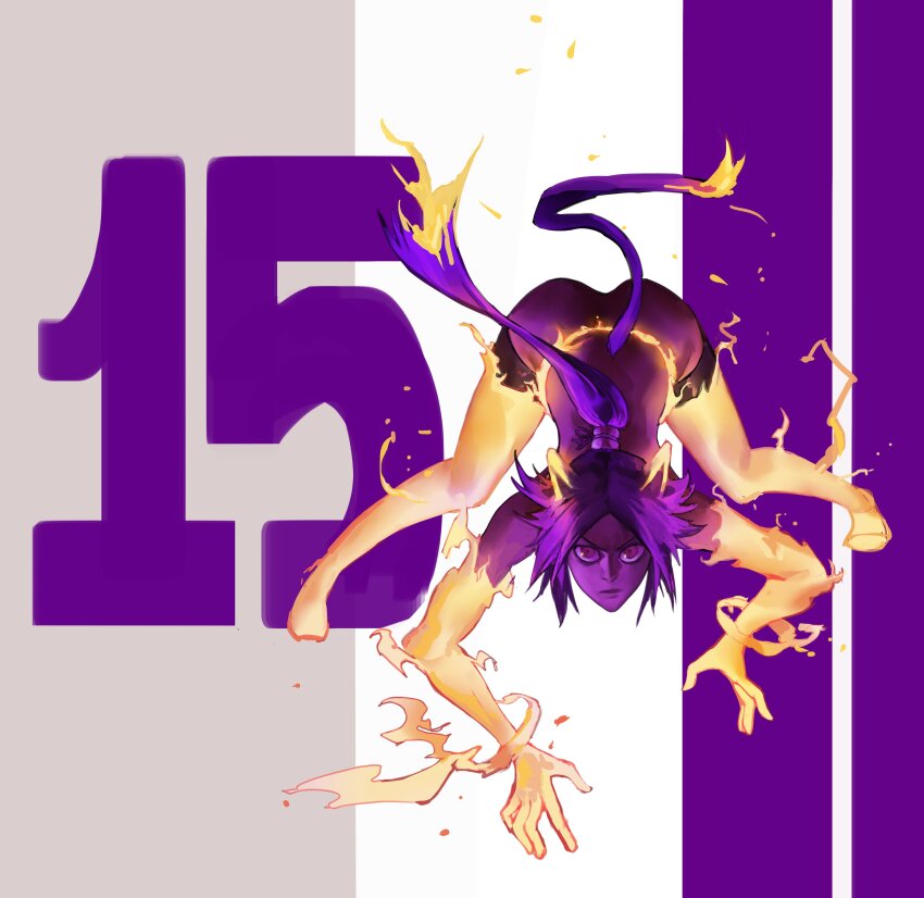 1girl absurdres all_fours animal_ears ass back black_thighhighs bleach cat_ears dark_skin fiery_ears fiery_hair fighting_stance fire flame-tipped_tail flaming_hand forehead hieumay highres imminent_pounce long_hair looking_at_viewer nude number_background parted_hair ponytail purple_hair purple_theme shihouin_yoruichi shinigami solo tail thighhighs top-down_bottom-up very_dark_skin wide_shot