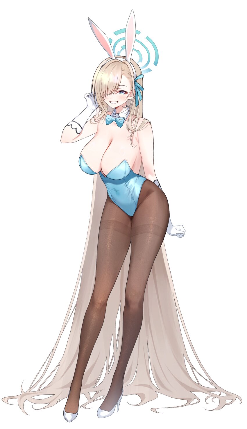 1girl absurdres animal_ears aqua_leotard asuna_(blue_archive) asuna_(bunny)_(blue_archive) black_pantyhose blonde_hair blue_archive blue_bow blue_bowtie blue_eyes blue_halo blue_leotard blush bow bowtie breasts cleavage detached_collar fake_animal_ears gloves hair_over_one_eye halo high_heels highleg highleg_leotard highres large_breasts leotard long_hair looking_at_viewer mole mole_on_breast official_alternate_costume pantyhose playboy_bunny rabbit_ears ruiyo smile strapless strapless_leotard thighband_pantyhose traditional_bowtie very_long_hair white_gloves