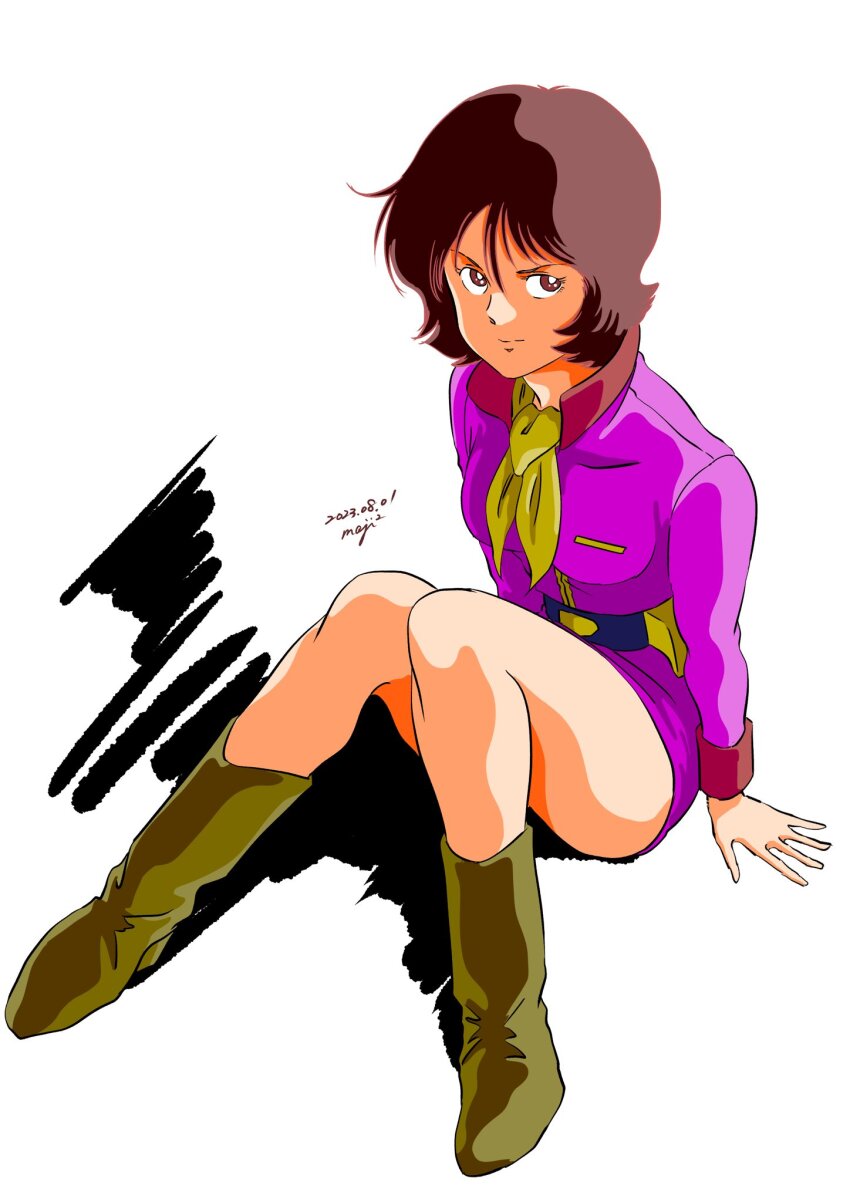 bare_legs belt boots brown_hair fraw_bow gundam highres knees_together_feet_apart legs long_sleeves looking_at_viewer looking_up military_uniform miniskirt mobile_suit_gundam neckerchief on_floor pgmajimaji short_hair sitting skirt