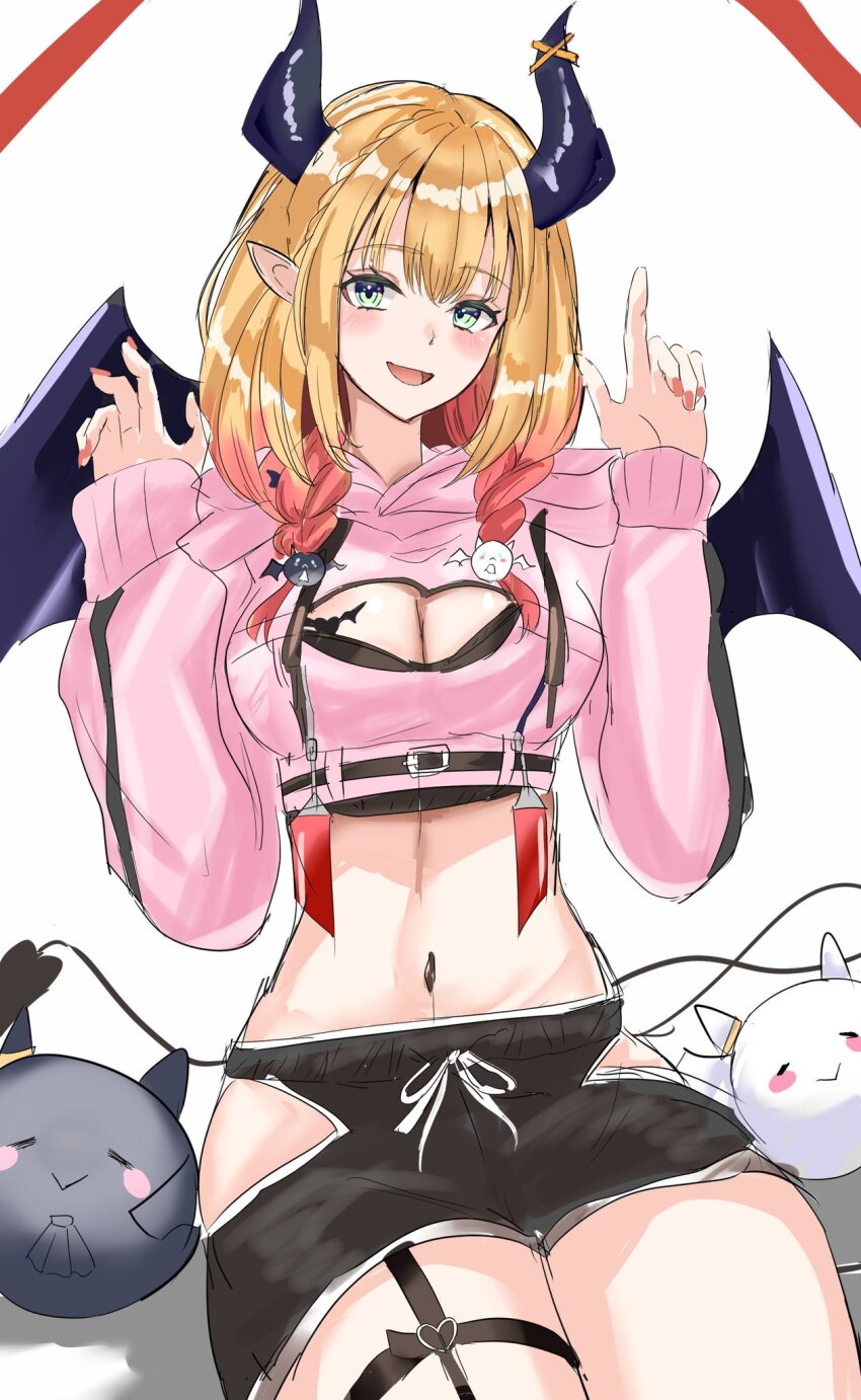 1girl black_bra black_shorts blonde_hair blush bra braid breasts cleavage cleavage_cutout clothing_cutout demon_girl demon_horns demon_tail green_eyes highres hololive horns kurogomatcha large_breasts looking_at_viewer medium_hair official_alternate_costume pink_nails pointy_ears shorts sidelocks tail thigh_strap twin_braids underwear virtual_youtuber yuzuki_choco yuzuki_choco_(9th_costume)