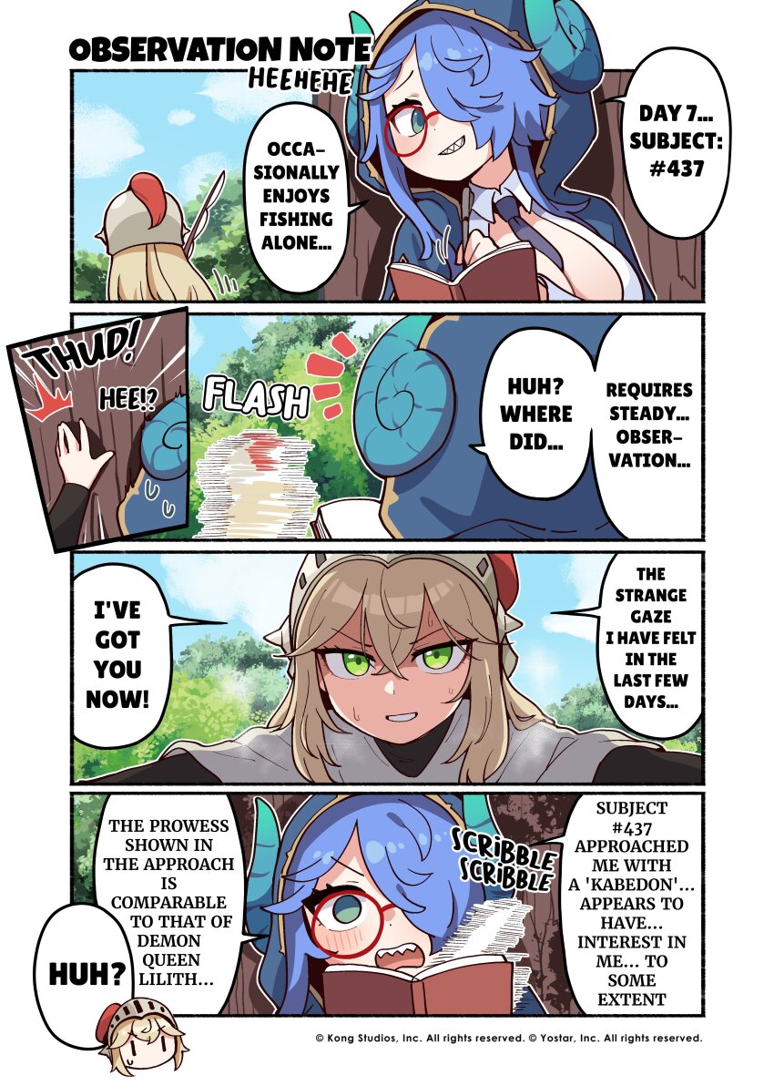 ! 2girls 4koma absurdres blonde_hair blue_hair breasts cleavage comic english_text female_knight_(guardian_tales) glasses green_eyes guardian_tales helmet highres hood hoodie kabedon large_breasts mad_scientist_gremory multiple_4koma multiple_girls official_art official_manga speech_bubble sweat sweatdrop