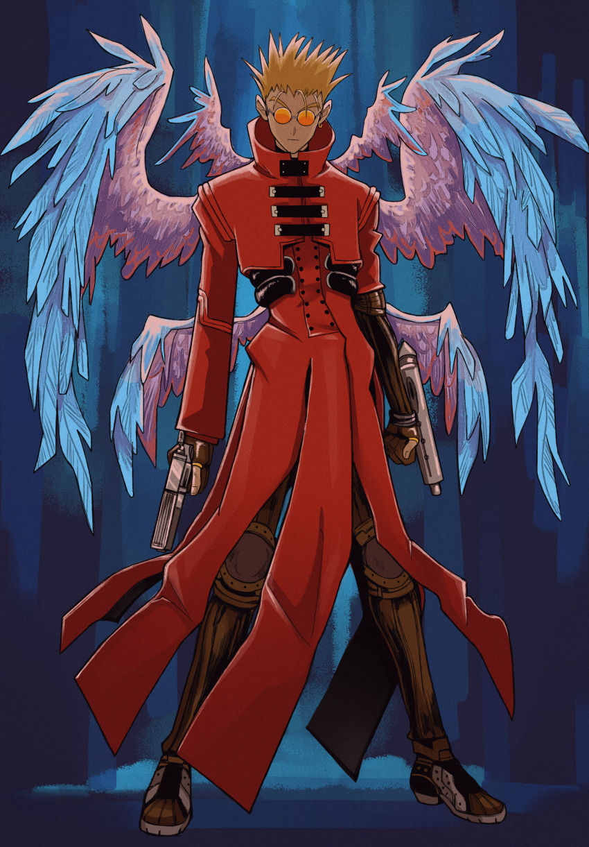 1boy absurdres agl_arms_.45_long_colt arms_at_sides asymmetrical_sleeves black_gloves blonde_hair blue_background break-action_revolver closed_mouth coat dual_wielding earrings facing_viewer feathered_wings florbetriz full_body gloves gun handgun highres holding holding_gun holding_weapon jewelry legs_apart long_sleeves low_bore_axis_revolver low_wings male_focus mini_wings multiple_wings pants partially_fingerless_gloves prosthesis prosthetic_arm red_coat revolver shin_guards short_hair short_sleeves single_earring solo spiked_hair standing trigun turtleneck vash_the_stampede weapon white_wings wings