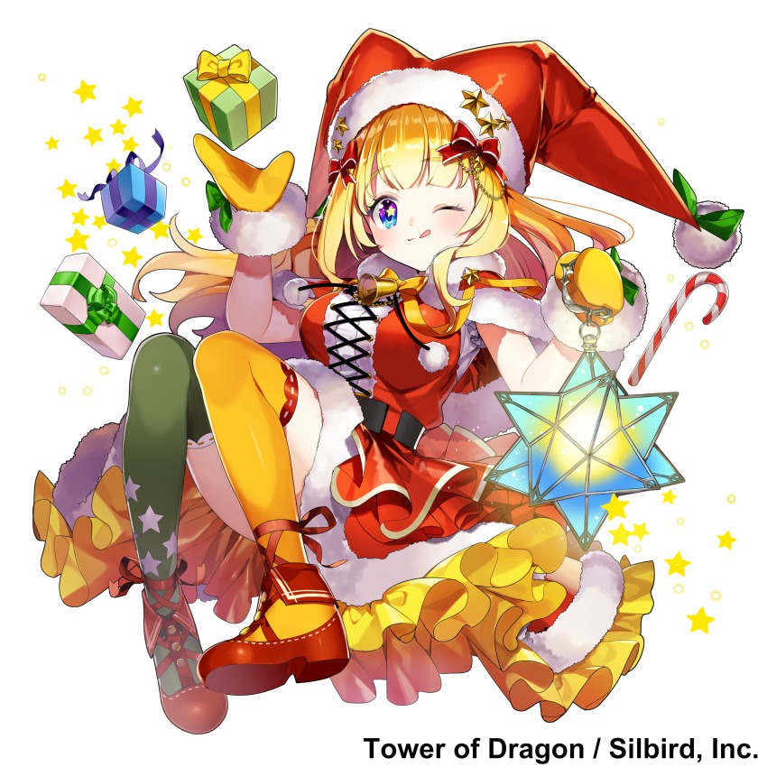 1girl :q absurdres asymmetrical_legwear blonde_hair blue_eyes bow candy candy_cane capelet closed_mouth copyright_name dress female_focus floating_hair food full_body fur_trim gift green_bow hands_up hat hat_pin highres long_hair looking_at_viewer masyu_yuyu mismatched_legwear official_art one_eye_closed red_capelet red_dress red_hat red_shoes red_skirt santa_hat shoes simple_background skirt smile solo star_(symbol) symbol_in_eye thighhighs tongue tongue_out tower_of_dragon watermark white_background
