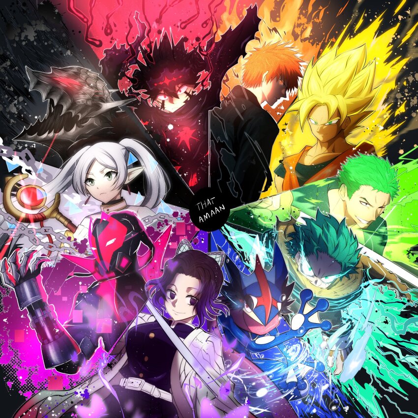 2girls armor artist_name ash-greninja asta_(black_clover) aura bankai belt berserk berserker_armor black_clover black_hair bleach blonde_hair boku_no_hero_academia chain clawed_gauntlets collarbone collared_jacket color_wheel_challenge creatures_(company) dark_aura demon_slayer_uniform dougi dragon_ball earrings elf empty_eyes facial_mark frieren game_freak gas_mask gen_6_pokemon glowing glowing_eyes green_eyes green_hair greninja grey_eyes guts_(berserk) hair_ornament haori headband helmet highres holding holding_staff holding_sword holding_weapon hydrokinesis jacket japanese_clothes jewelry kimetsu_no_yaiba kochou_shinobu kurosaki_ichigo looking_at_viewer marvel mask midoriya_izuku miles_g._morales multiple_boys multiple_drawing_challenge multiple_girls nintendo one_eye_closed one_piece orange_eyes orange_hair pointy_ears pokemon pokemon_(anime) pokemon_(creature) pokemon_xy_(anime) prowler_(marvel) purple_eyes purple_hair red_eyes roronoa_zoro scar scar_across_eye scar_on_face scarf smile son_goku sousou_no_frieren spider-man:_across_the_spider-verse spider-man_(series) spider-verse spiked_hair staff super_saiyan super_saiyan_1 superhero_costume sword thatamaan twintails water weapon white_belt