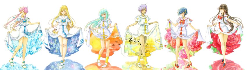 6+girls absurdres aika_granzchesta akira_ferrari alice_carroll alicia_florence aqua_hair aria_(manga) aria_company_uniform athena_glory bare_legs blonde_hair blue_bow blue_bowtie blue_hair blush boots bow bowtie brown_hair closed_eyes closed_mouth dark-skinned_female dark_skin dress earrings flower full_body hair_ornament hair_tubes high_heels highres himeya_company_uniform jewelry legs long_hair miyano_(yomuyom) mizunashi_akari multiple_girls musical_note neckerchief orange_planet_uniform parted_bangs purple_hair red_bow red_bowtie red_footwear rose sailor_collar short_hair short_hair_with_long_locks short_sleeves side_slit sidelocks skirt_hold smile snowflakes swept_bangs very_long_hair white_background white_dress white_footwear x_hair_ornament yellow_boots yellow_neckerchief