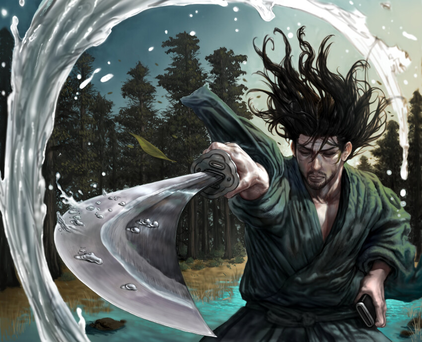 1boy absurdres beard black_hair closed_mouth commentary condenser_unit facial_hair foreshortening grass hair_lift highres japanese_clothes katana miyamoto_musashi_(vagabond) outdoors sheath solo sword tbrow_art tree vagabond water weapon