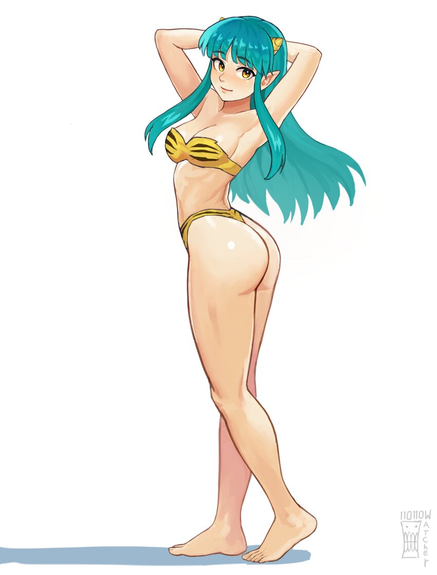 1girl absurdres animal_print armpits arms_behind_head arms_up artist_logo ass bare_arms bare_legs barefoot bikini breasts closed_mouth commentary cone_horns english_commentary feet floating fur_bikini green_hair highleg highleg_bikini highres horns logo long_hair looking_at_viewer lum medium_breasts oni pointy_ears print_bikini shadow simple_background smile solo standing strapless strapless_bikini swimsuit thong_bikini tiger_print toes twisted_torso urusei_yatsura very_long_hair watcher_hollow white_background yellow_bikini yellow_eyes yellow_horns