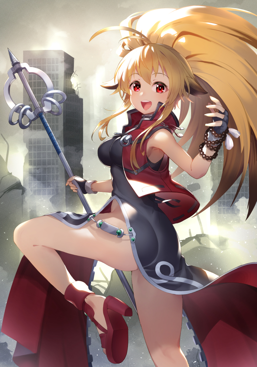 1girl ahoge ass bead_bracelet beads blonde_hair bracelet breasts china_dress chinese_clothes dress fingerless_gloves gloves high_heels highres jewelry leg_up matsumoto_tomoyohi medium_breasts namco_x_capcom no_panties ponytail red_eyes shakujou sleeveless sleeveless_jacket solo staff xiaomu