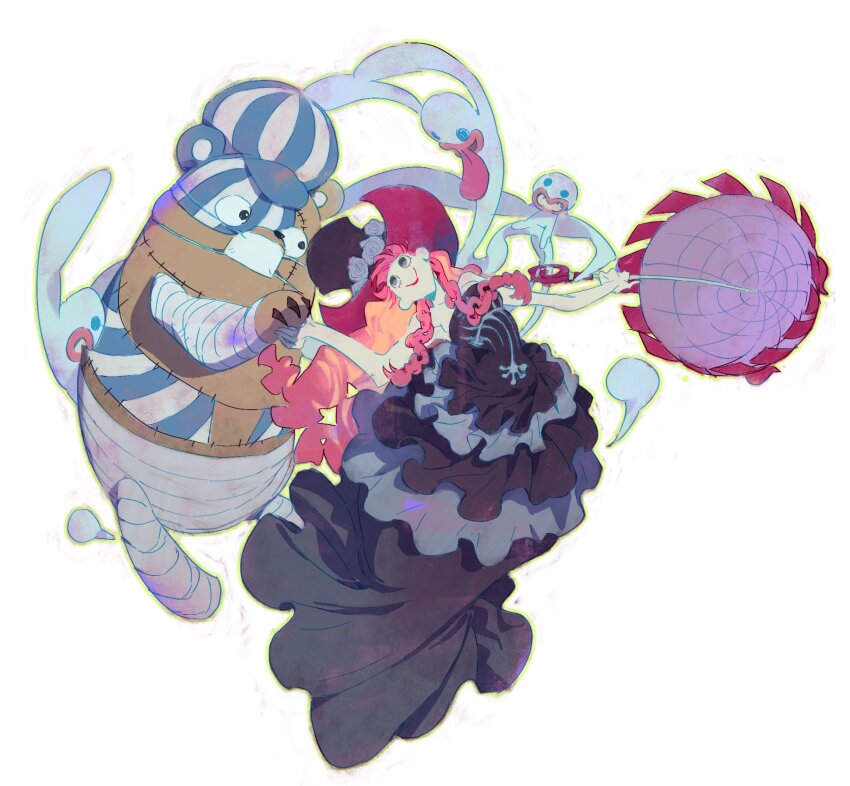 1girl bare_shoulders bear black_dress black_eyes black_hat braid dress flower frilled_dress frills full_body ghost hat hat_flower highres holding holding_hands holding_umbrella kumacy long_hair looking_at_another mask mouth_mask one_piece perona pink_hair pink_umbrella siyangou49 smile stitches strapless strapless_dress toy twin_braids umbrella white_background