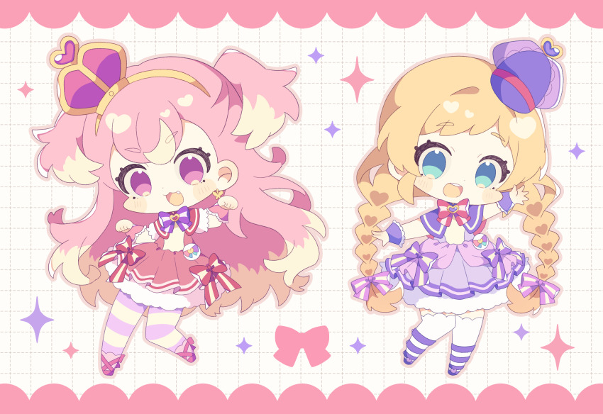 2girls :d absurdres blonde_hair blue_eyes braid chibi crown cure_friendy cure_wonderful dress full_body hat_ornament heart heart_hat_ornament highres inukai_iroha inukai_komugi komano_shia mini_crown multicolored_pantyhose multiple_girls open_mouth pantyhose paw_pose pink_crown pink_eyes pink_hair precure smile striped_clothes striped_pantyhose thighhighs twin_braids waving white_thighhighs wonderful_precure!