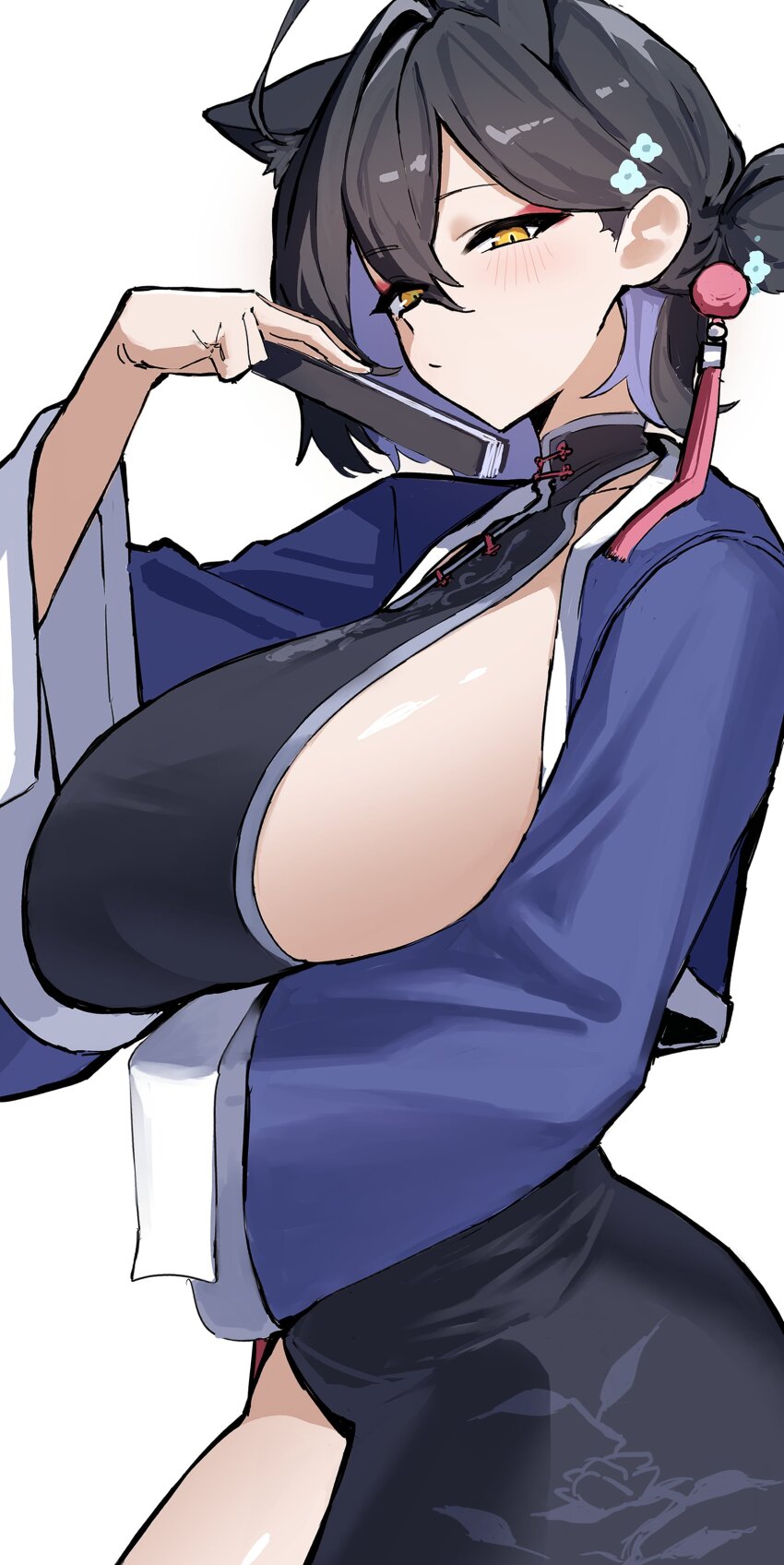 1girl absurdres animal_ears black_dress black_hair blue_archive blue_jacket blush breasts china_dress chinese_clothes closed_mouth colored_inner_hair cropped_jacket dress extra_ears from_side hair_behind_ear hair_bun hand_fan highres holding holding_fan jacket kaguya_(blue_archive) koppepan_agp long_hair looking_at_viewer medium_hair multicolored_hair sideboob single_sidelock solo tiger_ears tiger_girl two-tone_hair very_long_hair yellow_eyes