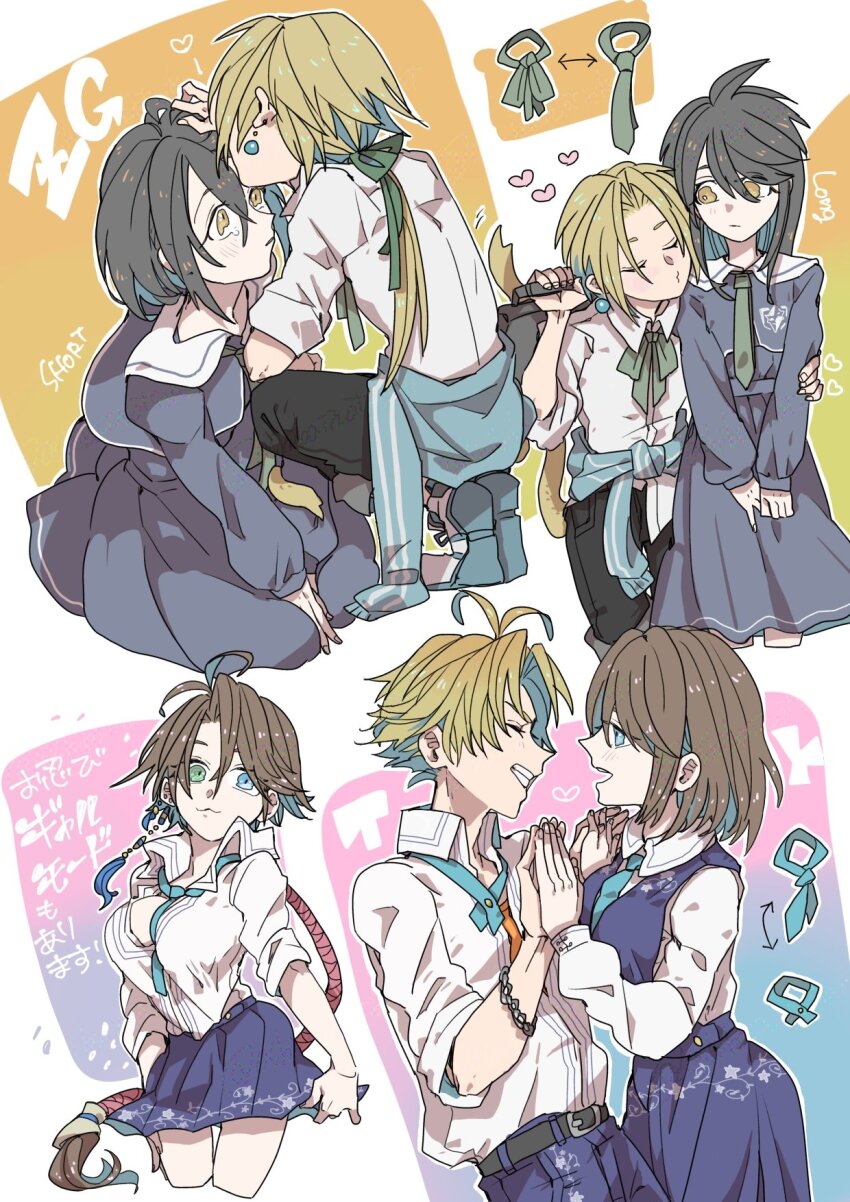 2boys 2girls beads belt belt_buckle black_hair blonde_hair blue_eyes blue_jacket blue_necktie blue_skirt bow bowtie breasts brown_eyes brown_hair buckle clothes_around_waist collared_shirt commentary_request contemporary couple cropped_legs earrings final_fantasy final_fantasy_ix final_fantasy_x final_fantasy_x-2 from_side garnet_til_alexandros_xvii green_bow green_bowtie green_eyes green_necktie grin hair_beads hair_between_eyes hair_ornament heart heterochromia highres holding_hands jacket jewelry large_breasts long_hair long_sleeves looking_at_another looking_at_viewer miniskirt multiple_boys multiple_girls multiple_views necktie open_mouth oshibainoticket parted_bangs partially_unbuttoned pleated_skirt portrait school_uniform seiza shirt short_hair sitting skirt sleeves_rolled_up smile squatting sweater sweater_around_waist tidus translation_request upper_body white_shirt yuna_(ff10) zidane_tribal