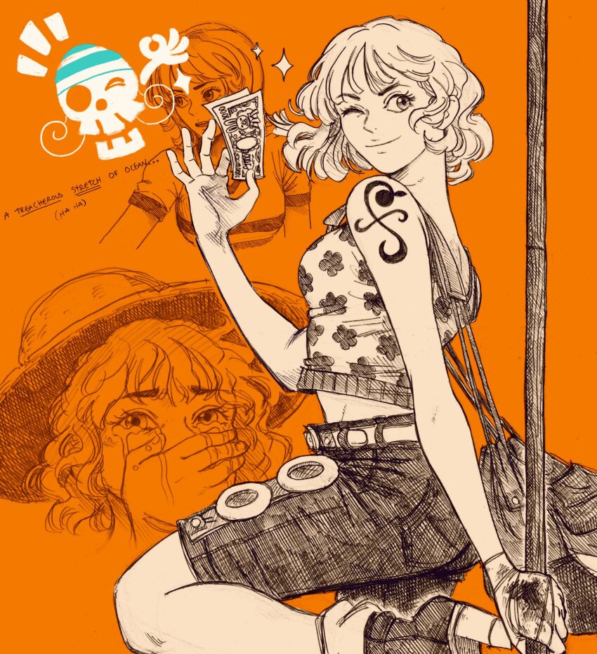 1girl aten_man bag camisole covering_own_mouth crying crying_with_eyes_open greyscale hand_over_own_mouth hat high_heels highres holding holding_money holding_staff jolly_roger leg_up looking_at_viewer money monochrome multiple_views nami_(one_piece) nami_(one_piece)_(arlong_park) nami_(one_piece)_(east_blue) ok_sign one_eye_closed one_piece one_piece_(live_action) orange_background print_camisole satchel short_hair shorts shoulder_tattoo skull smile solo_focus staff standing standing_on_one_leg straw_hat tattoo tears