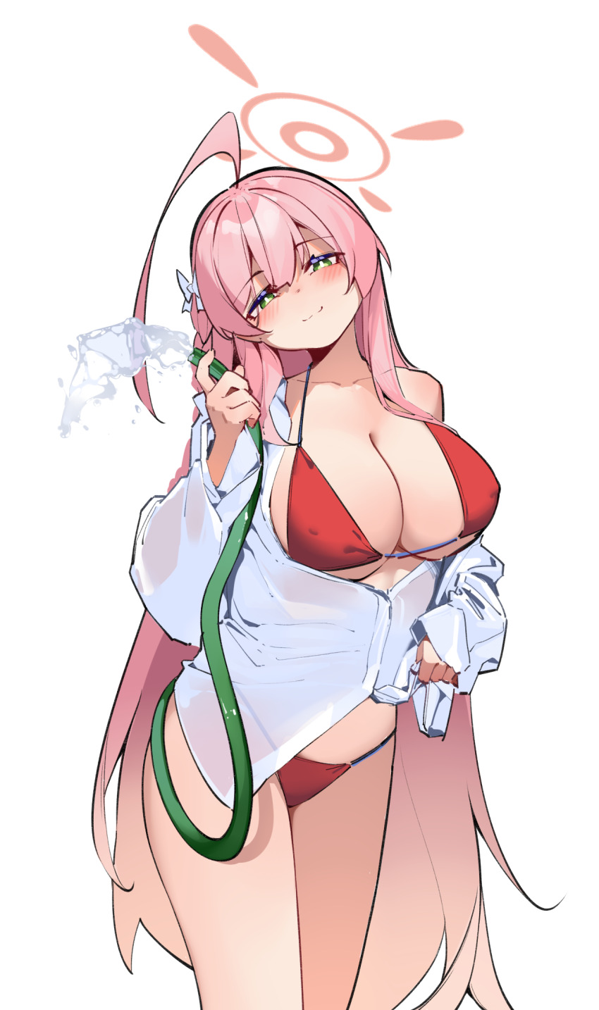 1girl ahoge bikini bikini_under_clothes blue_archive blush commentary_request green_eyes halo halterneck hanako_(blue_archive) hanako_(swimsuit)_(blue_archive) highres holding holding_hose hose huge_ahoge long_hair looking_at_viewer official_alternate_costume painterliuhao pink_eyes red_bikini shirt simple_background smile solo straight_hair string_bikini swimsuit thighs very_long_hair white_background white_shirt