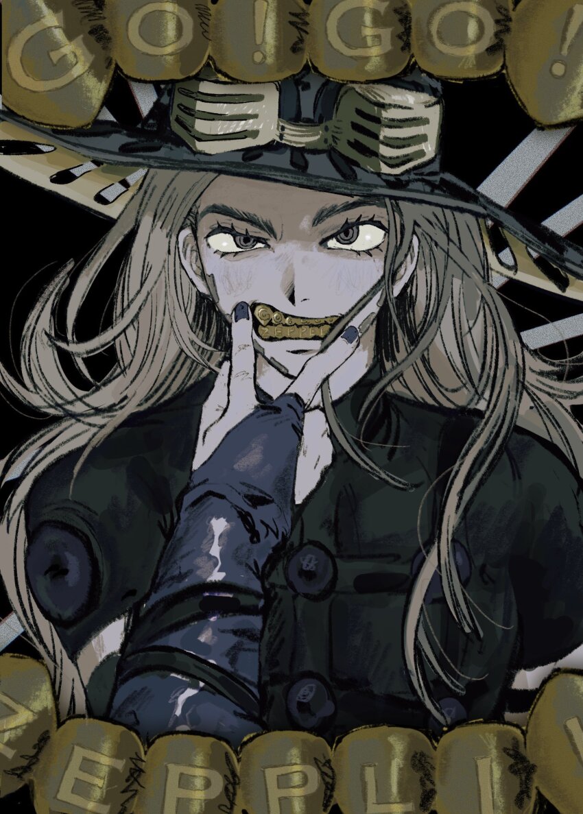 1boy beard blonde_hair cowboy_hat eyelashes facial_hair goggles gold_teeth green_eyes grills gyro_zeppeli hat highres jojo_no_kimyou_na_bouken long_hair sema_(vivaviva_02) solo spurs steel_ball_run