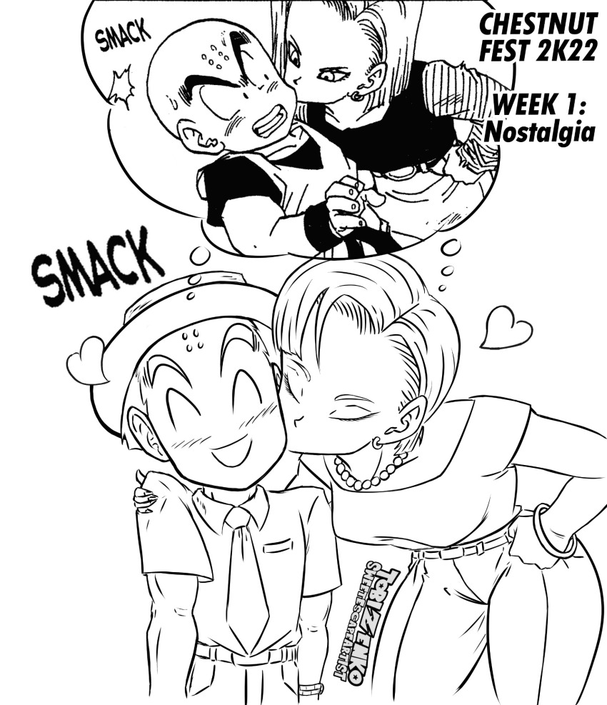 1boy 1girl android_18 bald bald_male blush couple dragon_ball happy heart hug husband_and_wife kiss kuririn smack smile thick_thighs thighs toriyama_akira white_background