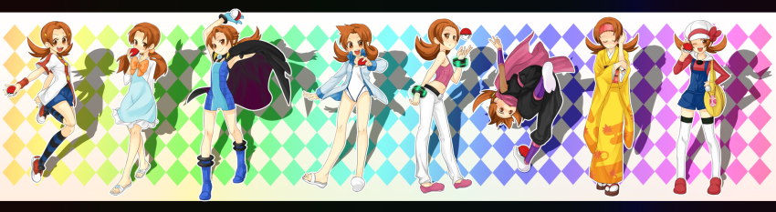 1girl alternate_hairstyle brown_hair cameo clair_(pokemon) clair_(pokemon)_(cosplay) cosplay different_shadow erika_(pokemon) erika_(pokemon)_(cosplay) highres holding holding_poke_ball janine_(pokemon) janine_(pokemon)_(cosplay) jasmine_(pokemon) jasmine_(pokemon)_(cosplay) legs long_image lyra_(pokemon) misty_(pokemon) misty_(pokemon)_(cosplay) nintendo poke_ball poke_ball_(basic) pokegear pokemon pokemon_hgss rainbow_background sabrina_(pokemon) sabrina_(pokemon)_(cosplay) saku_(pixiv526117) shadow thighhighs tmy0404 twintails when_you_see_it whitney_(pokemon) whitney_(pokemon)_(cosplay) wide_image zettai_ryouiki