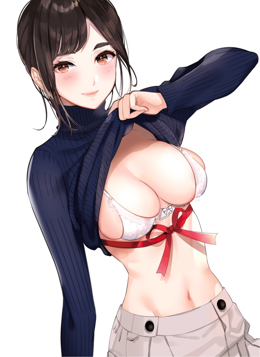 1girl black_hair blush breasts brown_eyes cleavage clothes_lift hayakawa_akari highres large_breasts long_sleeves looking_at_viewer medium_hair navel original red_ribbon ribbon shirt shirt_lift simple_background skindentation skirt smile solo turtleneck white_background