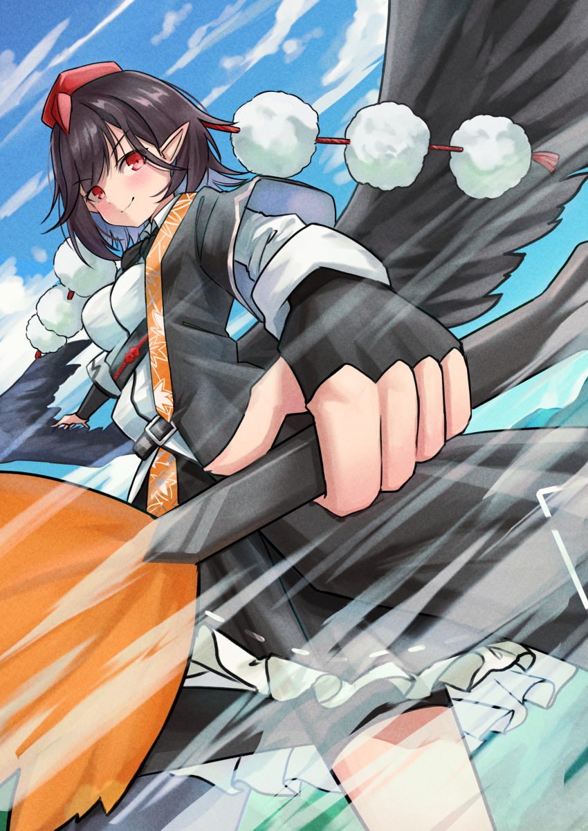 &gt;:) 1girl absurdres bird_wings black_hair black_wings blue_sky breasts cloud commission frills hat hauchiwa highres leaf_print long_sleeves looking_at_viewer pixiv_commission pom_pom_(clothes) red_eyes red_hat shameimaru_aya shirt short_hair skirt sky smile solo tengu tokin_hat touhou touhou_gensou_eclipse v-shaped_eyebrows wind wings yuuka_(a0240765)