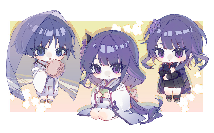 1boy 2girls absurdres alternate_costume aunt_and_nephew blue_eyes blunt_bangs bridal_gauntlets cdzrc chibi chibi_only closed_mouth cup flower genshin_impact gradient_background hair_ornament happy highres holding holding_cup holding_flower japanese_clothes kimono long_hair long_sleeves looking_at_viewer makoto_(genshin_impact) mole mole_under_eye mother_and_son multiple_girls neck_ribbon open_mouth purple_hair purple_veil raiden_shogun red_ribbon ribbon scaramouche_(genshin_impact) scaramouche_(kabukimono)_(genshin_impact) seiza short_hair siblings sisters sitting standing thighs twins veil wide_sleeves