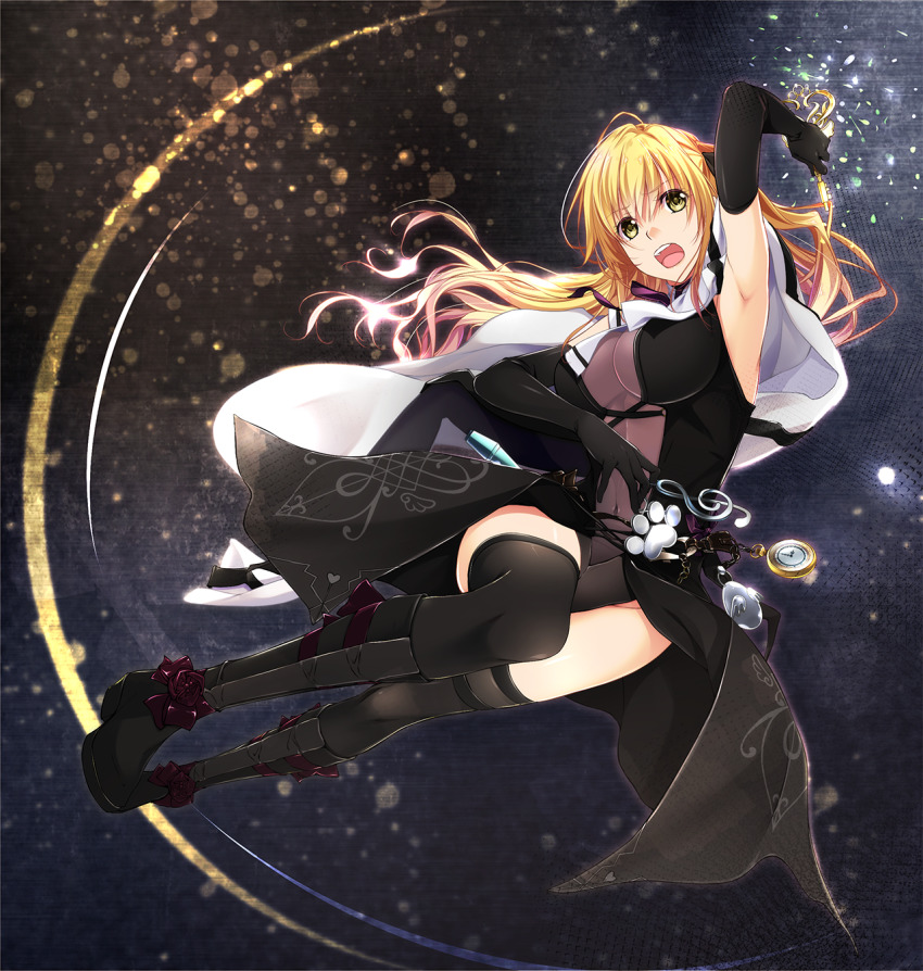 1girl :o arm_up armpits blonde_hair blush boots breasts cape elbow_gloves feet female_focus fighting_stance floating_hair game_cg gloves groin highres holding holding_key key large_breasts legs leotard light_blush long_hair looking_at_viewer navel nightmare_x_onmyoji_~kindan_no_paradox~ open_mouth original see-through_clothes shindou_yuuka simple_background skin_tight solo teeta_j thighhighs thighs yellow_eyes