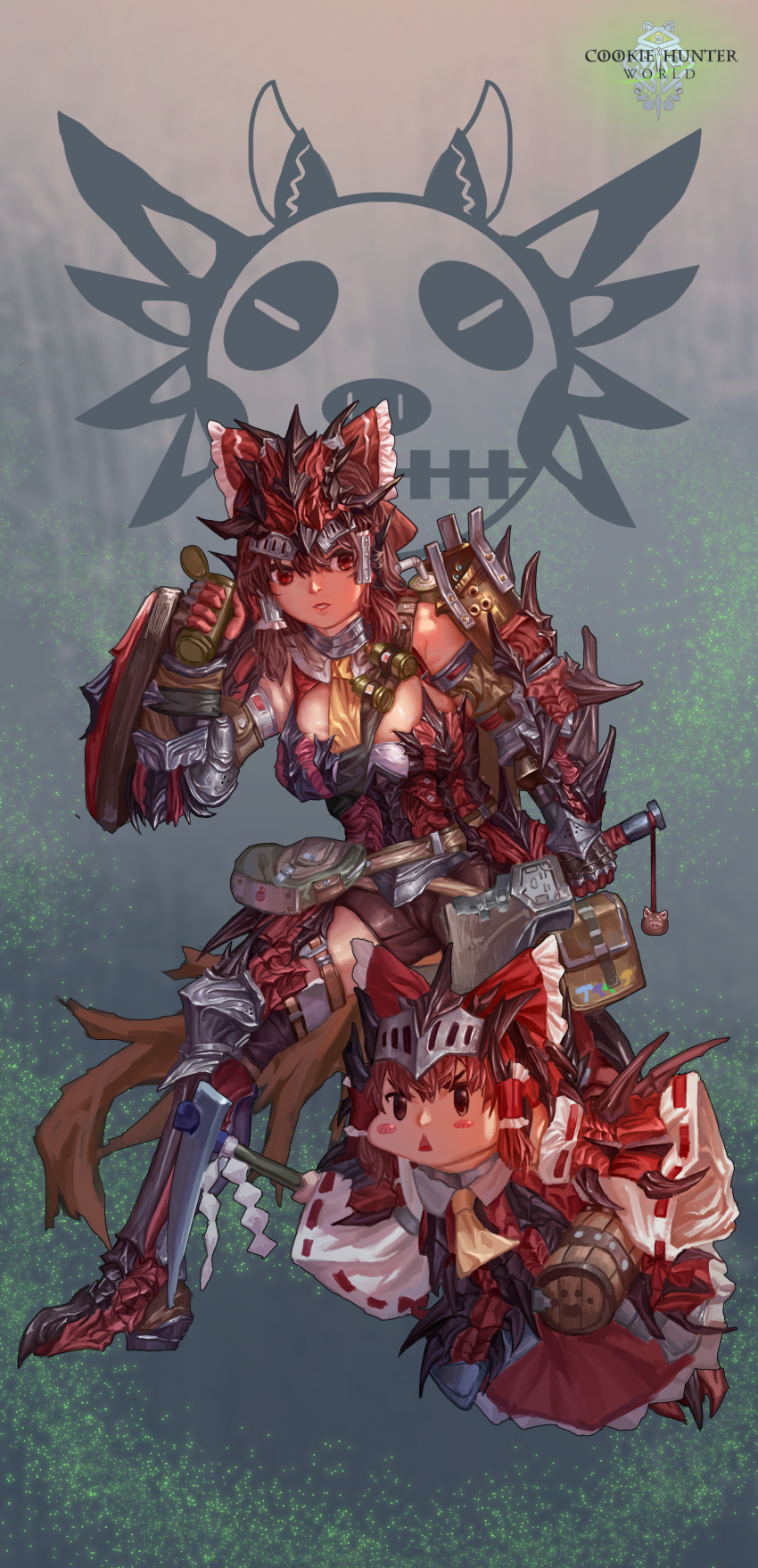 2girls :d absurdres angry armor armored_boots armpit_crease ascot backlighting bare_shoulders barrel belt bike_shorts blush_stickers boots bow breasts brown_hair cameltoe charm_(object) chibi closed_eyes collared_shirt commentary_request cookie_(touhou) copyright_name d_tomoki dagger detached_sleeves explosive frilled_bow frilled_skirt frills gauntlets gloves gohei grenade hair_between_eyes hair_bow hair_tubes hakurei_reimu helmet highres holding holding_dagger holding_knife holding_weapon knife large_breasts leg_armor looking_to_the_side medium_hair monster_hunter:_world monster_hunter_(series) multiple_girls nontraditional_miko open_mouth paw_print pickaxe pouch rathalos_(armor) red_bow red_eyes red_gloves red_shirt red_skirt reu_(cookie) ribbon-trimmed_sleeves ribbon_trim sakenomi_(cookie) shield shirt skirt skirt_set sleeveless sleeveless_shirt smile standing teeth thigh_strap touhou triangle_mouth utility_belt weapon yellow_ascot |d