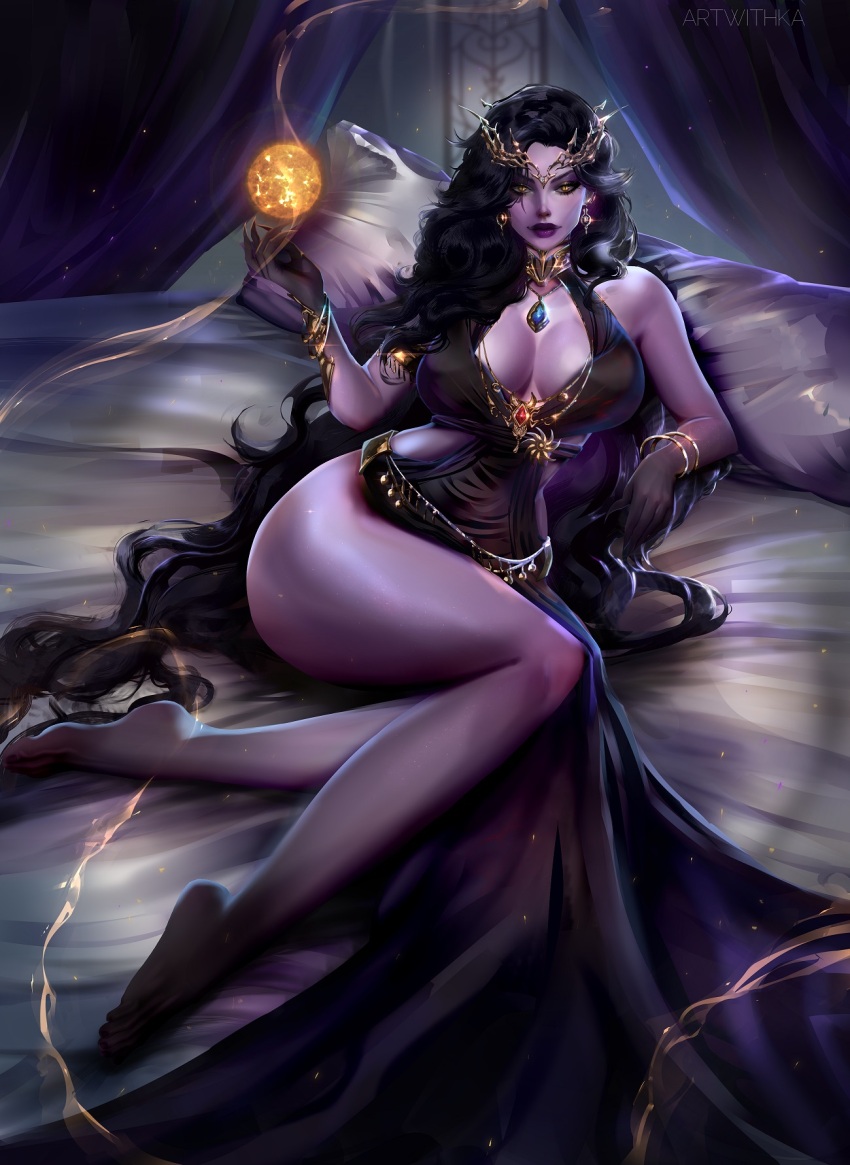 1girl artist_name artwithka barefoot black_dress black_hair blue_gemstone bracelet breasts colored_extremities colored_skin commission dress earrings facial_mark gem gold_bracelet gold_collar highres indie_virtual_youtuber jewelry large_breasts long_dress long_hair monster_girl pillow purple_lips purple_skin red_gemstone sleeveless sleeveless_dress solo tail tail_ornament vexoria_the_sun_eater virtual_youtuber yellow_eyes