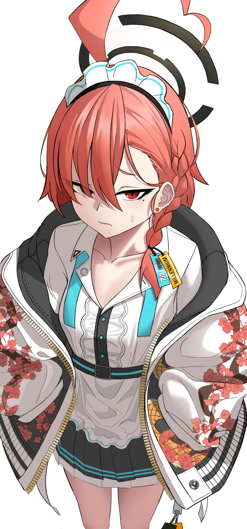 1girl absurdres ahoge apron black_skirt blue_archive braid collarbone collared_shirt commentary_request dote_(askim72407017) floral_print frilled_apron frills from_above hair_between_eyes halo hands_on_own_hips highres jacket long_sleeves looking_at_viewer maid maid_apron maid_headdress medium_hair mole mole_under_eye neru_(blue_archive) pleated_skirt print_jacket red_eyes red_hair shirt sidelocks simple_background single_braid skirt solo sukajan sweatdrop two-tone_belt waist_apron white_apron white_background white_petticoat white_shirt