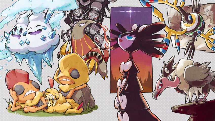 bird closed_eyes commentary_request drooling durant eyelashes frown gen_5_pokemon gothitelle heatmor highres lying mandibuzz mouth_drool nintendo no_humans odo_7ta open_mouth pokemon pokemon_(creature) purple_eyes red_eyes scrafty sigilyph sleeping smile standing teeth tongue vanilluxe