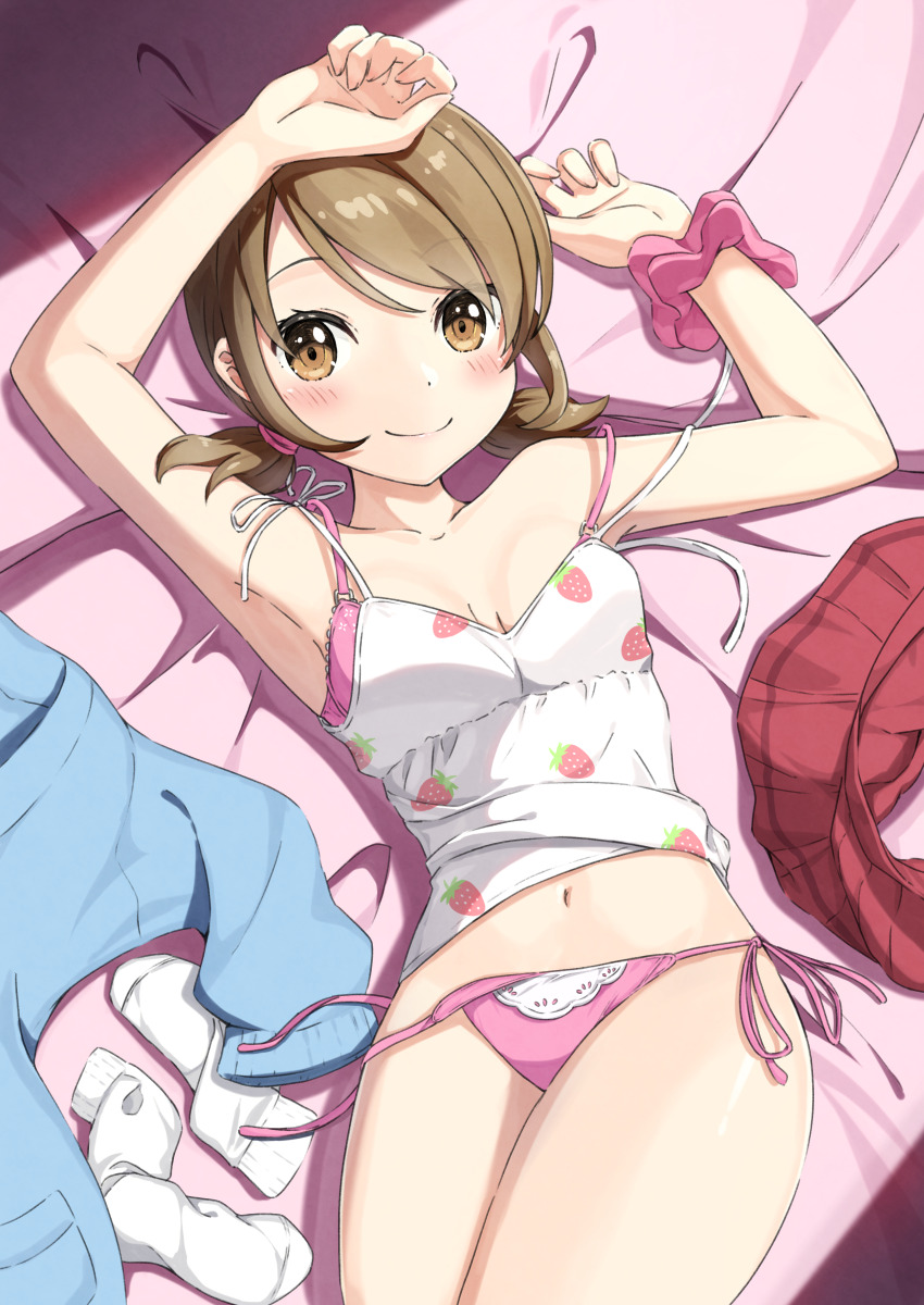 absurdres bra breasts brown_eyes brown_hair camisole commission food_print fruit_print highres lass_(pokemon) light_blush looking_at_viewer low_twintails lying medium_breasts navel negimiso1989 nintendo on_back panties pink_bra pink_panties pixiv_commission pokemon pokemon_oras short_twintails skirt smile socks stomach strawberry_print sweater twintails underwear underwear_only unworn_skirt unworn_socks unworn_sweater variant_set white_camisole