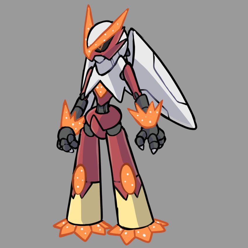 absurdres adoptable black_sclera blaziken colored_sclera commentary english_commentary fakemon full_body game_freak gen_3_pokemon grey_background highres nintendo no_humans orange_eyes original pixel_eyes pokemon pokemon_(creature) rgreywind robot simple_background solo standing v-shaped_eyes