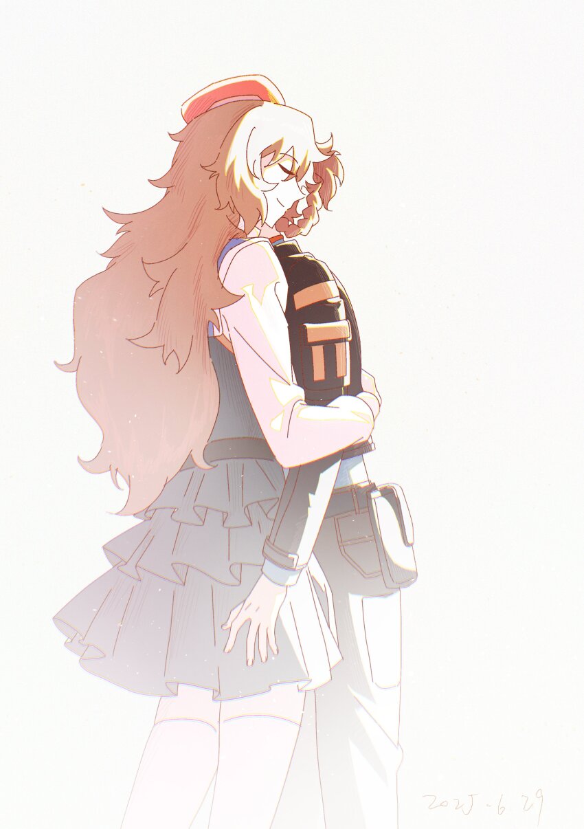 2girls absurdres amane_suzuha amane_suzuha_(beta) amane_yuki belt_pouch beret blue_jacket braid breasts brown_hair cargo_pants closed_eyes crying from_behind hair_rings hat highres hug jacket leather leather_jacket long_hair miniskirt mother_and_daughter multiple_girls pants pouch qiuqi skirt smile steins;gate steins;gate_0 thighhighs track_jacket twin_braids white_thighhighs zettai_ryouiki