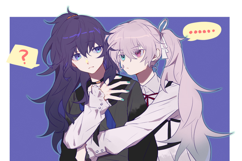 ... 25-ji_miku 2girls ? aqua_eyes asahina_mafuyu black_choker black_sailor_collar black_shirt blue_eyes blue_neckerchief blue_outline buttons choker closed_mouth collared_shirt commentary_request dress frilled_sleeves frills frown gradient_eyes green_nails hair_over_shoulder hair_ribbon halftone hatsune_miku heterochromia high_ponytail highres hug hug_from_behind long_hair long_sleeves looking_at_another multicolored_eyes multiple_girls neck_ribbon neckerchief outline pink_eyes ponytail project_sekai puffy_long_sleeves puffy_sleeves purple_background purple_eyes purple_hair red_ribbon ribbon sailor_collar shirt simple_background spoken_ellipsis spoken_question_mark twintails two-tone_dress upper_body vocaloid white_ribbon white_shirt ximuye