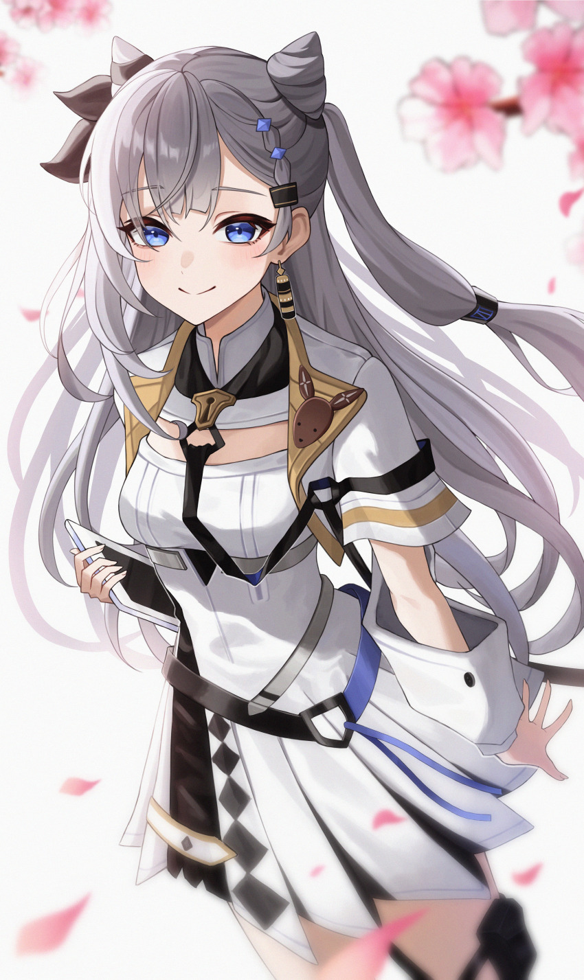 1girl absurdres asymmetrical_hair black_dress black_ribbon blue_eyes blush braid breasts cherry_blossoms cleavage_cutout closed_mouth clothing_cutout commentary cone_hair_bun cowboy_shot cropped_jacket double_bun dress earrings from_above grey_hair hair_bun hair_ribbon highres holding holding_tablet_pc hololive hololive_indonesia jacket jewelry lock long_hair looking_at_viewer medium_breasts niztix open_clothes open_jacket padlock padlocked_collar pleated_dress pouch ribbon simple_background smile solo standing tablet_pc thigh_pouch two-tone_dress vestia_zeta vestia_zeta_(1st_costume) virtual_youtuber white_background white_dress white_jacket wrist_cuffs
