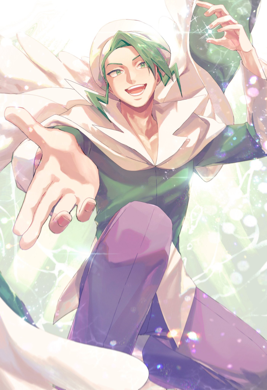 1boy :d arm_up beret cloak commentary_request green_eyes green_hair green_shirt happy hat highres kado_51 looking_down male_focus nintendo open_mouth outstretched_hand pants pokemon pokemon_emerald pokemon_rse purple_pants shirt short_hair smile solo sparkle squatting teeth wallace_(pokemon) white_cloak white_hat