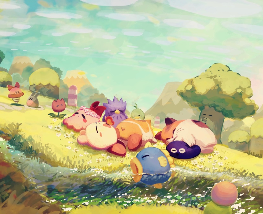 bird blue_sky bouncy_(kirby) bug butterfly chuchu_(kirby) coo_(kirby) fish flower gooey_(kirby) grass highres hill insect kine_(kirby) kirby kirby&#039;s_dream_land_3 kirby_(series) mountain nago_(kirby) nintendo ocean_sunfish owl pitch_(kirby) polof rabbit rick_(kirby) river sky sleeping suyasuyabi tree tulip tulip_(kirby) whispy_woods